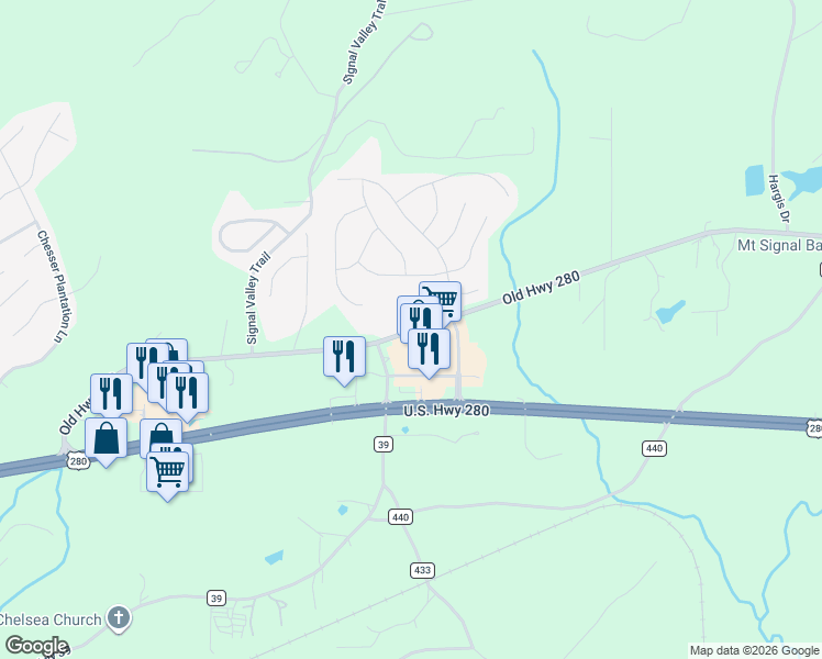 map of restaurants, bars, coffee shops, grocery stores, and more near 8750 Chesser Lane in Chelsea