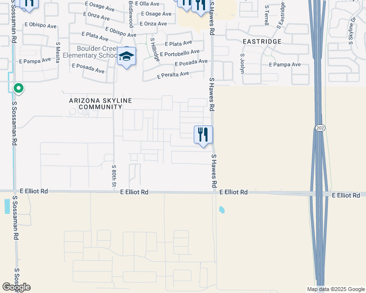 map of restaurants, bars, coffee shops, grocery stores, and more near 3442 South Hawes Road in Mesa