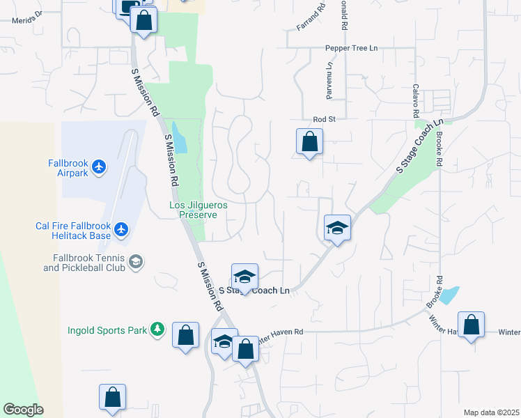 map of restaurants, bars, coffee shops, grocery stores, and more near 2116 Kirkcaldy Road in Fallbrook