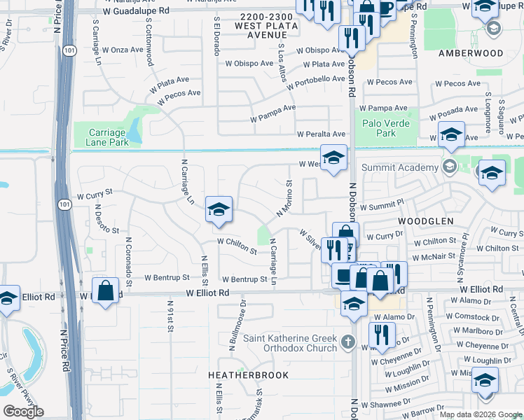 map of restaurants, bars, coffee shops, grocery stores, and more near 2208 West Curry Street in Chandler
