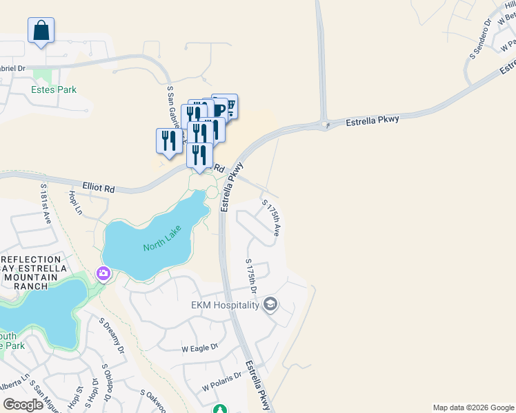 map of restaurants, bars, coffee shops, grocery stores, and more near 10218 South 175th Drive in Goodyear