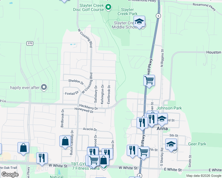 map of restaurants, bars, coffee shops, grocery stores, and more near 504 Eastbrook Drive in Anna