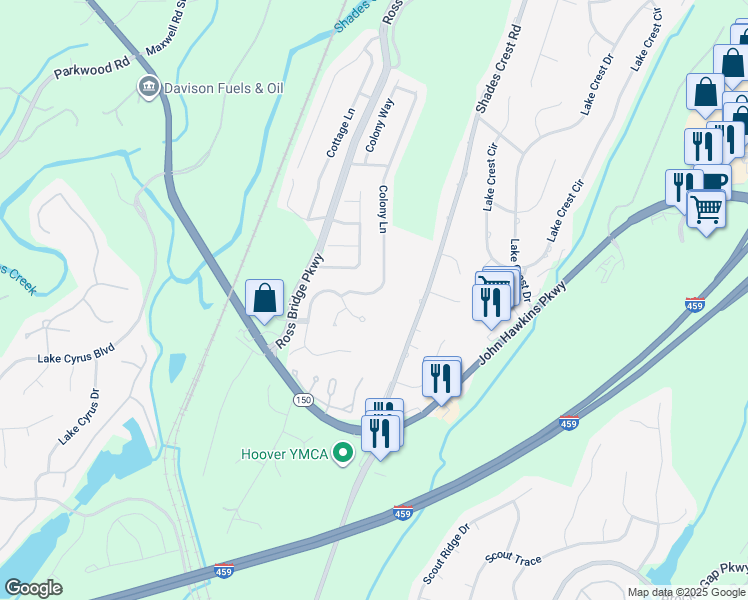 map of restaurants, bars, coffee shops, grocery stores, and more near 5832 Colony Lane in Birmingham