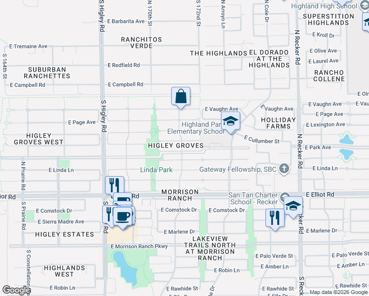 map of restaurants, bars, coffee shops, grocery stores, and more near 3555 East Cullumber Court in Gilbert