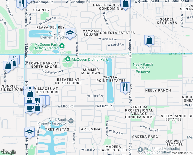 map of restaurants, bars, coffee shops, grocery stores, and more near 1071 West Page Avenue in Gilbert