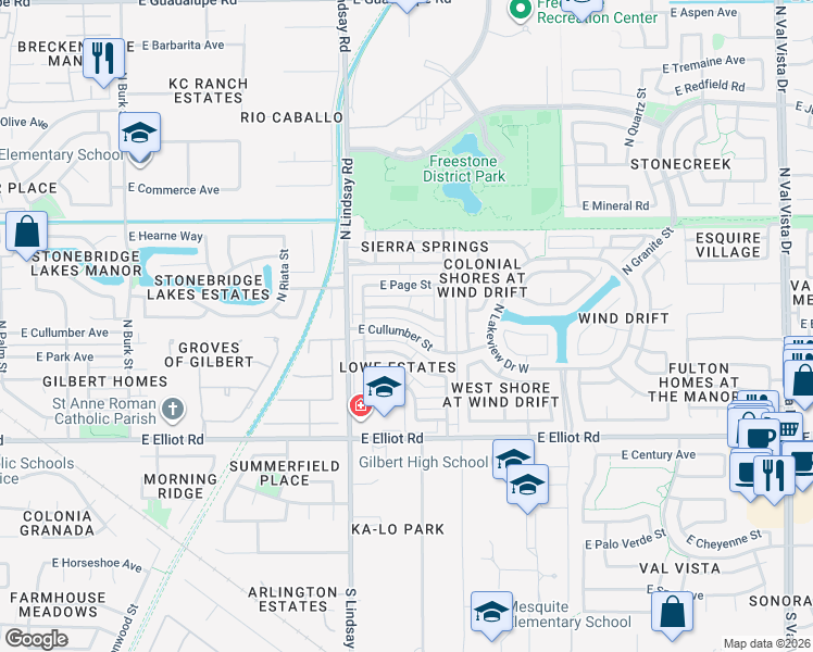 map of restaurants, bars, coffee shops, grocery stores, and more near 868 East Cullumber Street in Gilbert
