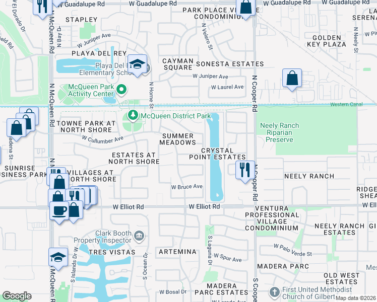 map of restaurants, bars, coffee shops, grocery stores, and more near 1071 West Page Avenue in Gilbert