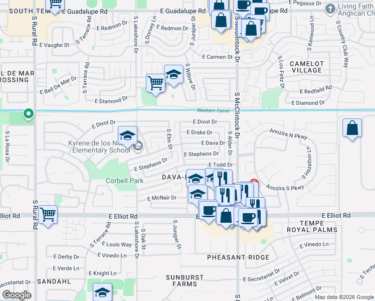 map of restaurants, bars, coffee shops, grocery stores, and more near 1529 East Dava Drive in Tempe