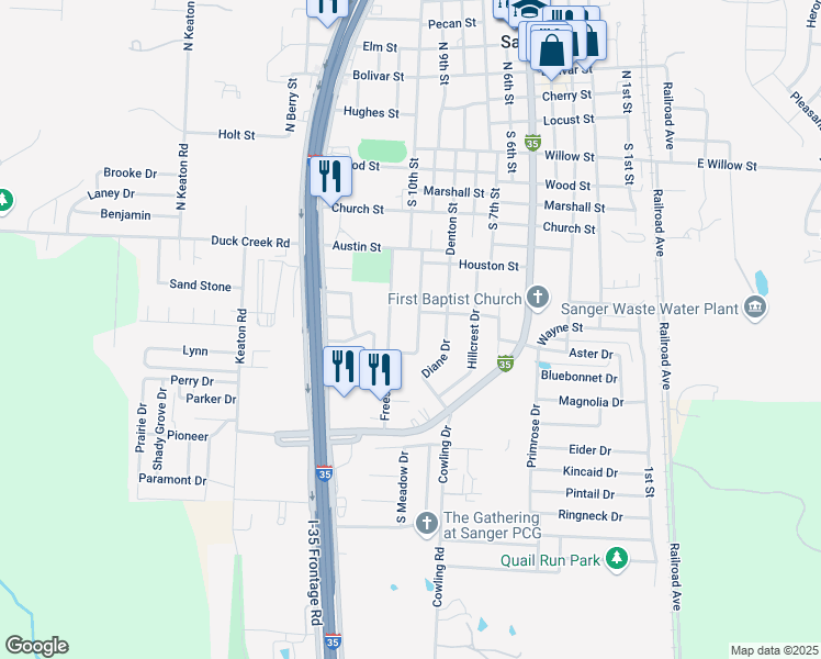 map of restaurants, bars, coffee shops, grocery stores, and more near 124 Freese Drive in Sanger