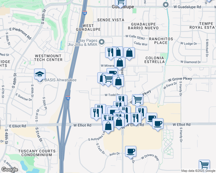 map of restaurants, bars, coffee shops, grocery stores, and more near in Tempe
