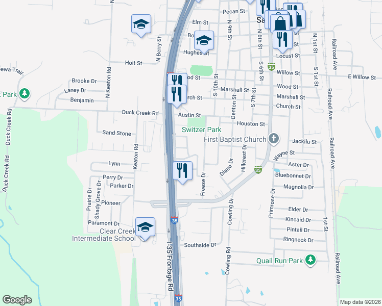 map of restaurants, bars, coffee shops, grocery stores, and more near 200 Carolyn Drive in Sanger