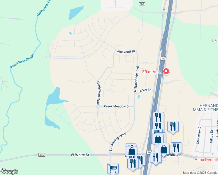 map of restaurants, bars, coffee shops, grocery stores, and more near 213 Foxbrush Lane in Anna