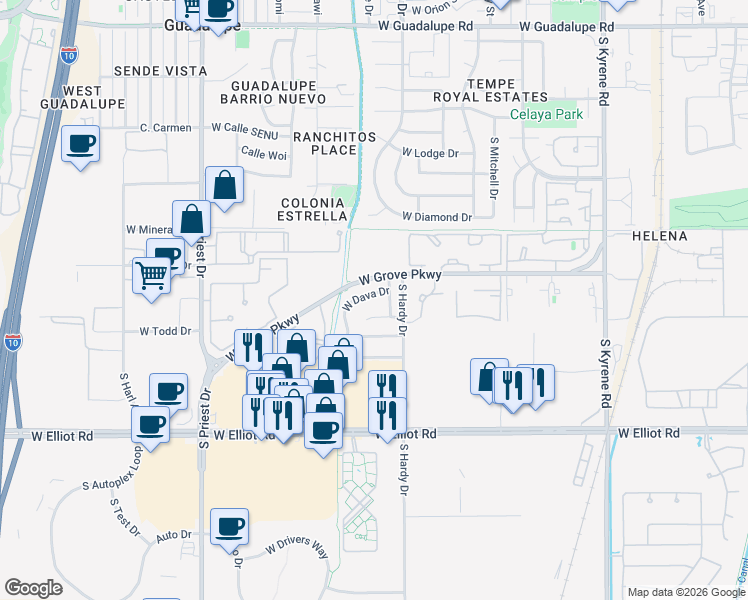 map of restaurants, bars, coffee shops, grocery stores, and more near 7144 South Parkside Drive in Tempe