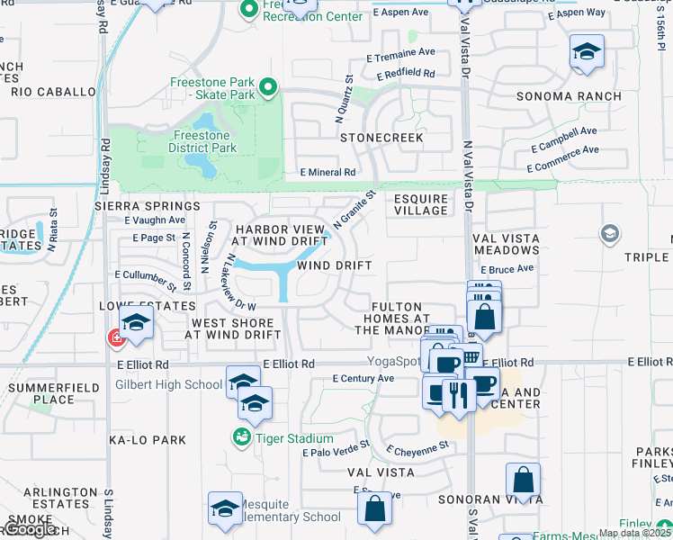 map of restaurants, bars, coffee shops, grocery stores, and more near 1298 East Lake Drive in Gilbert