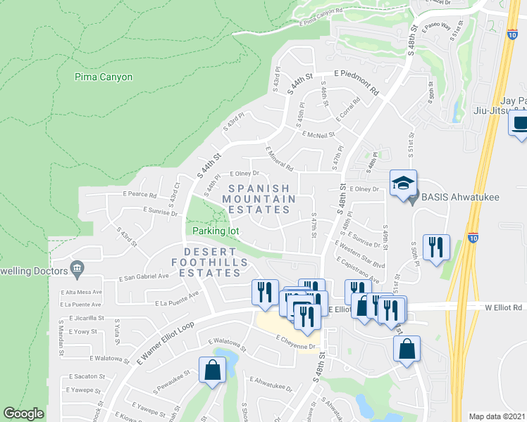 map of restaurants, bars, coffee shops, grocery stores, and more near 10210 South 45th Place in Phoenix