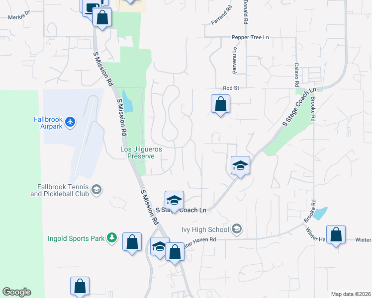 map of restaurants, bars, coffee shops, grocery stores, and more near 2104 Kirkcaldy Road in Fallbrook