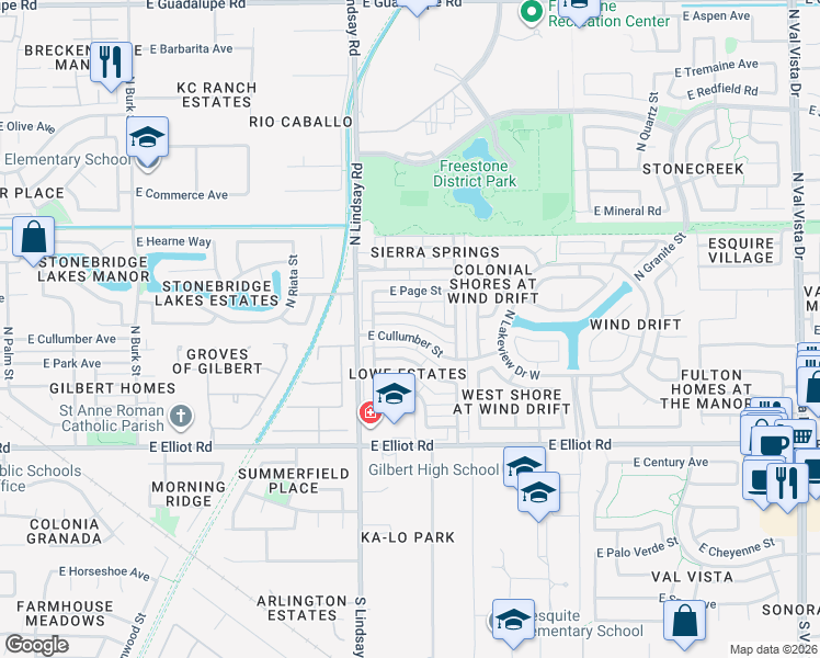 map of restaurants, bars, coffee shops, grocery stores, and more near 868 East Cullumber Street in Gilbert