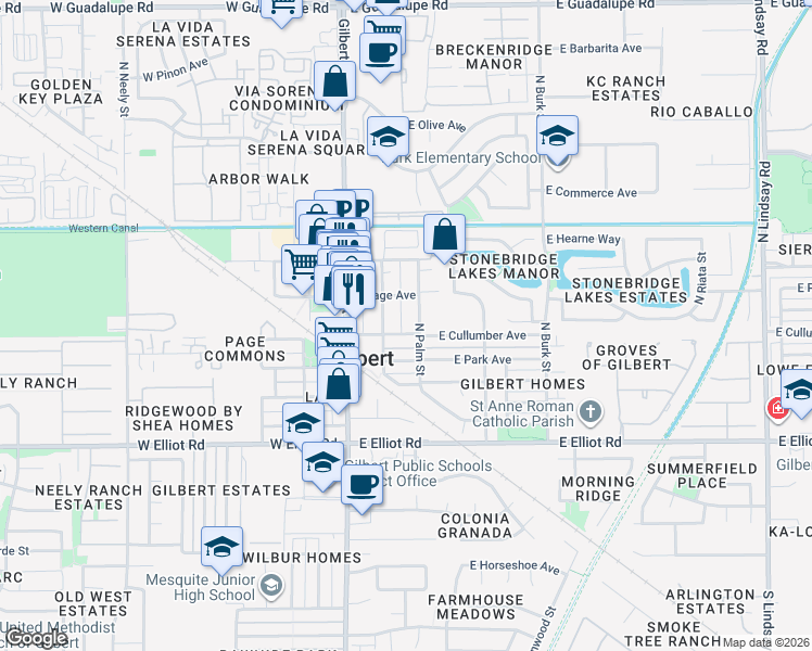 map of restaurants, bars, coffee shops, grocery stores, and more near 170 East Cullumber Avenue in Gilbert