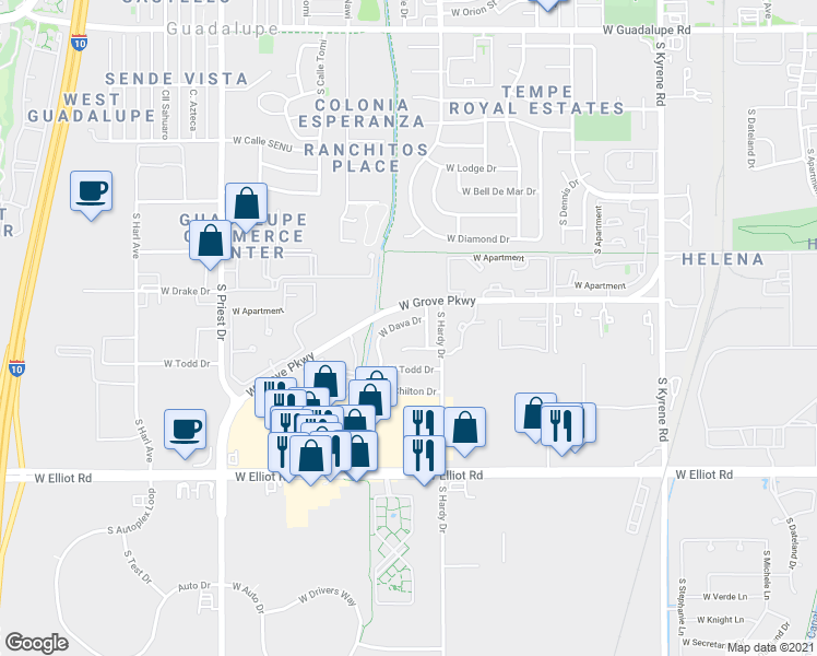 map of restaurants, bars, coffee shops, grocery stores, and more near 7144 South Parkside Drive in Tempe