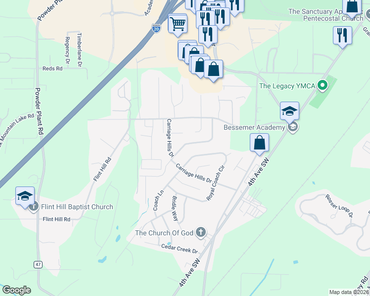 map of restaurants, bars, coffee shops, grocery stores, and more near 34 Carriage House Road Southwest in Bessemer