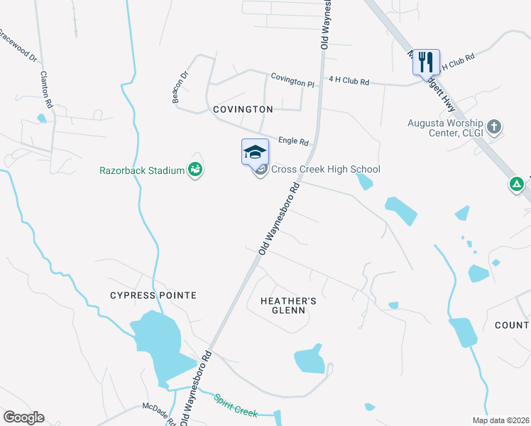 map of restaurants, bars, coffee shops, grocery stores, and more near 3871 Old Waynesboro Road in Augusta