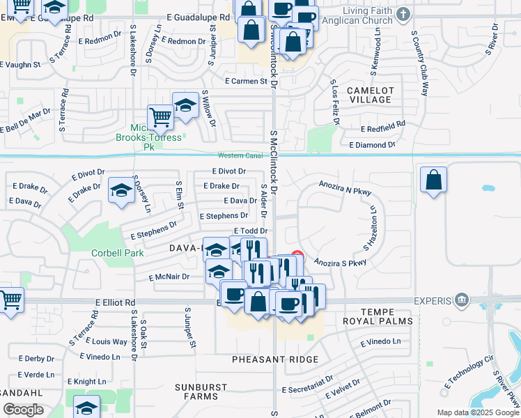 map of restaurants, bars, coffee shops, grocery stores, and more near 7216 South Alder Drive in Tempe