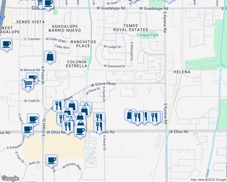 map of restaurants, bars, coffee shops, grocery stores, and more near 809 West Grove Parkway in Tempe