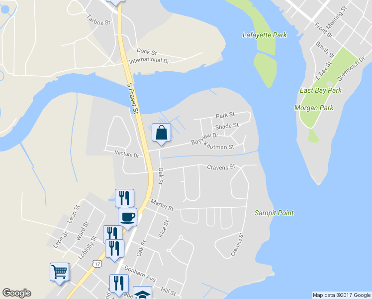 map of restaurants, bars, coffee shops, grocery stores, and more near 511 Bayview Drive in Georgetown