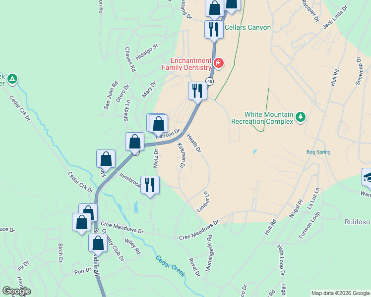 map of restaurants, bars, coffee shops, grocery stores, and more near 136 Kirkman Drive in Ruidoso