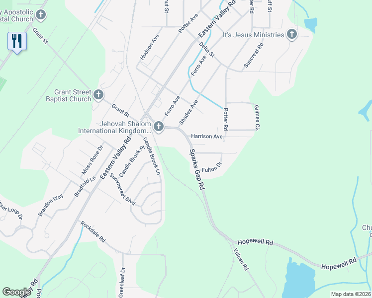 map of restaurants, bars, coffee shops, grocery stores, and more near 1220 Sparks Gap Road in Bessemer