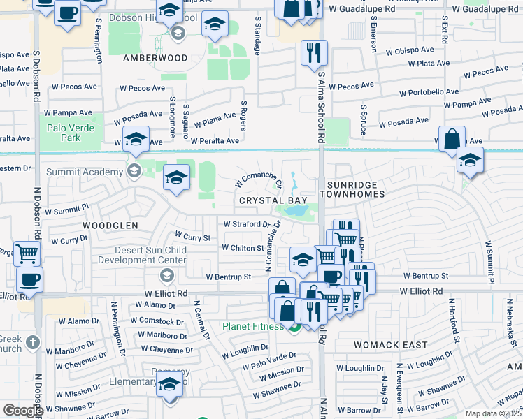 map of restaurants, bars, coffee shops, grocery stores, and more near 1204 West Boxelder Circle in Chandler