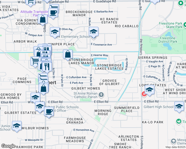map of restaurants, bars, coffee shops, grocery stores, and more near 208 North Sierra Drive in Gilbert