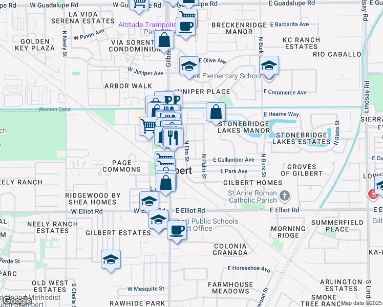 map of restaurants, bars, coffee shops, grocery stores, and more near 170 East Cullumber Avenue in Gilbert