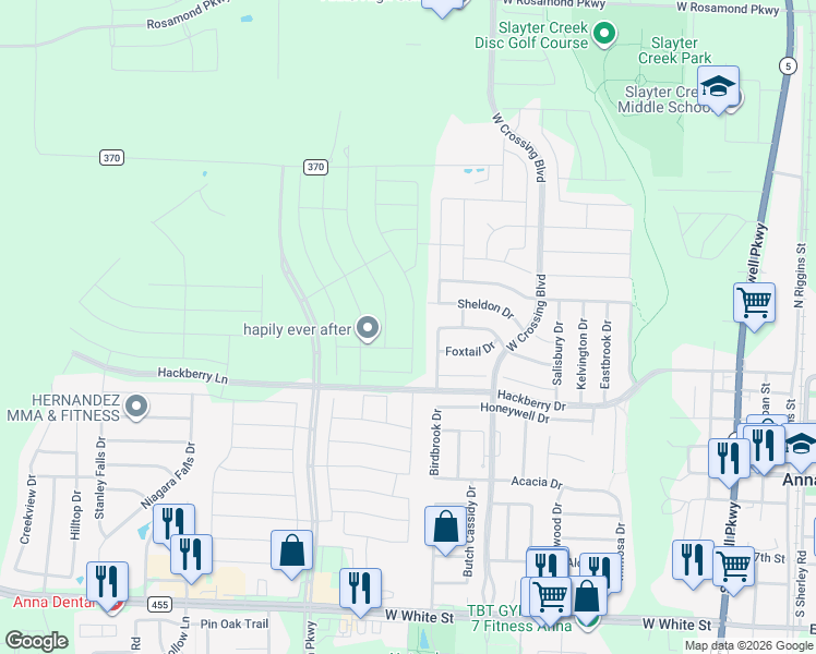 map of restaurants, bars, coffee shops, grocery stores, and more near 321 Bankhurst Drive in Anna