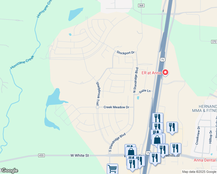 map of restaurants, bars, coffee shops, grocery stores, and more near 213 Foxbrush Lane in Anna