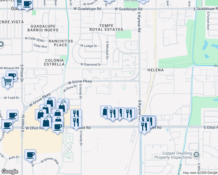 map of restaurants, bars, coffee shops, grocery stores, and more near Apartment Road in Tempe
