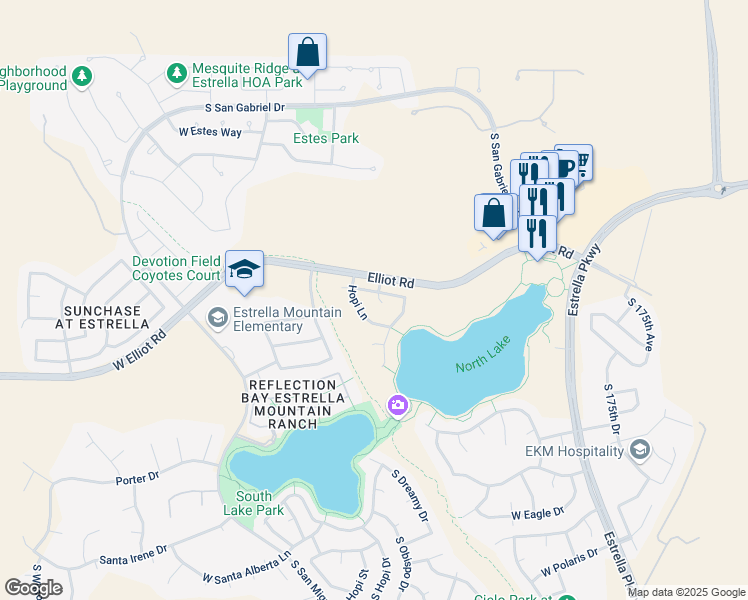 map of restaurants, bars, coffee shops, grocery stores, and more near 10162 South Hacienda Drive in Goodyear