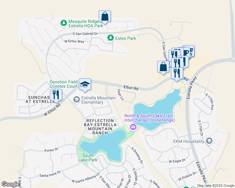 map of restaurants, bars, coffee shops, grocery stores, and more near 10158 Hopi Lane in Goodyear