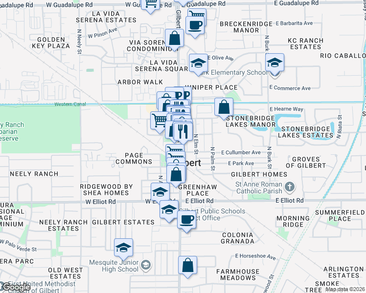 map of restaurants, bars, coffee shops, grocery stores, and more near 207 North Gilbert Road in Gilbert