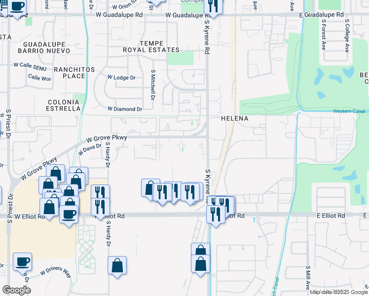 map of restaurants, bars, coffee shops, grocery stores, and more near 7250 South Kyrene Road in Tempe