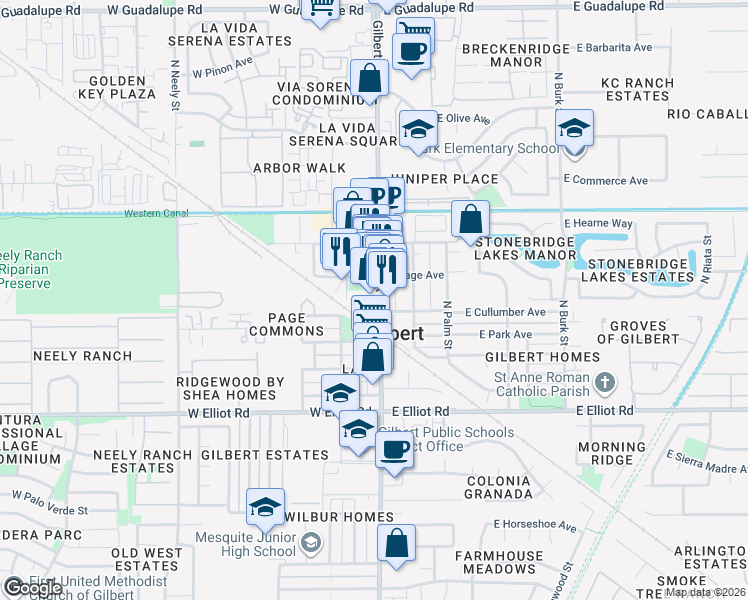 map of restaurants, bars, coffee shops, grocery stores, and more near 216 North Gilbert Road in Gilbert