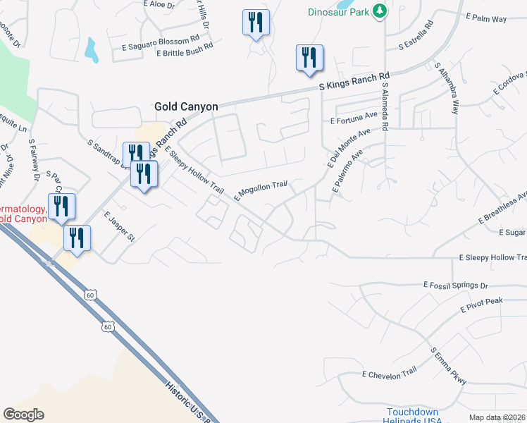 map of restaurants, bars, coffee shops, grocery stores, and more near 6680 South Sinagua Court in Gold Canyon