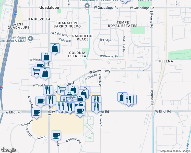 map of restaurants, bars, coffee shops, grocery stores, and more near 7144 South Parkside Drive in Tempe