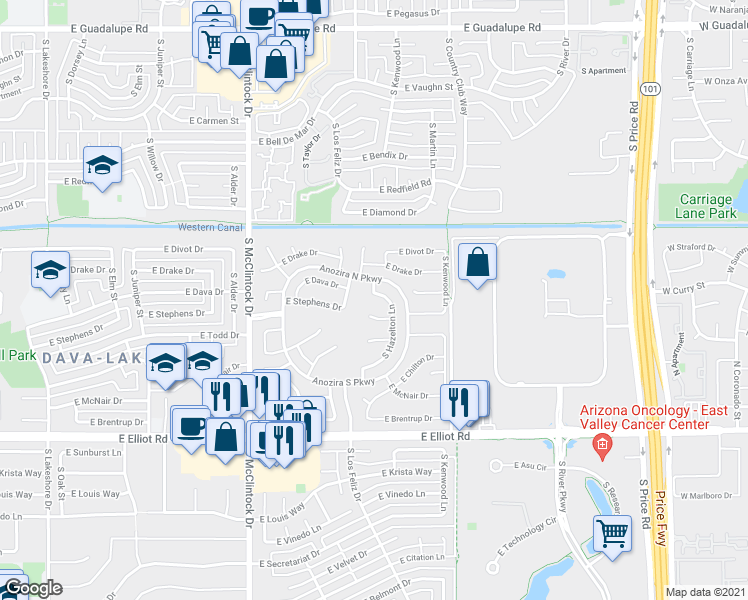 map of restaurants, bars, coffee shops, grocery stores, and more near 7202 South Hazelton Lane in Tempe