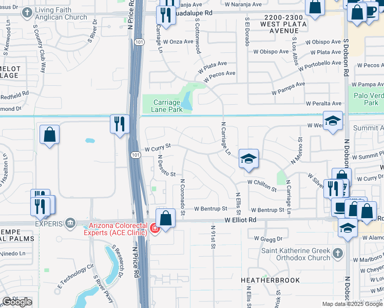 map of restaurants, bars, coffee shops, grocery stores, and more near 2609 West Curry Street in Chandler