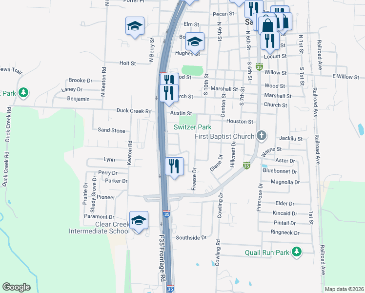 map of restaurants, bars, coffee shops, grocery stores, and more near 200 Carolyn Dr in Sanger