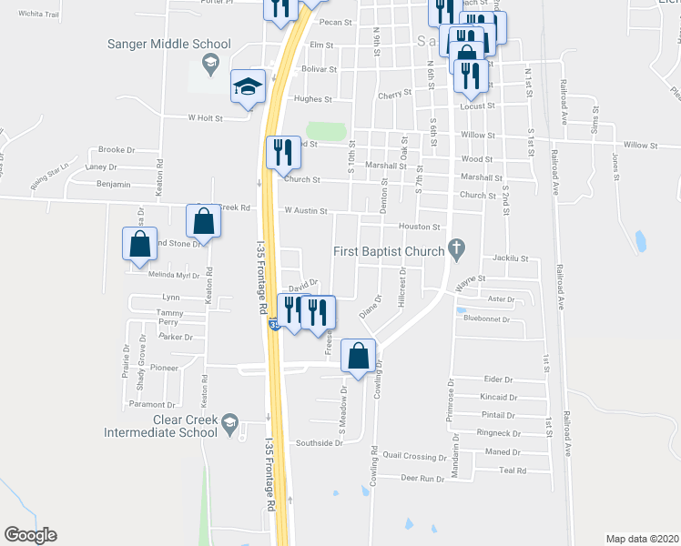 map of restaurants, bars, coffee shops, grocery stores, and more near 124 Freese Drive in Sanger