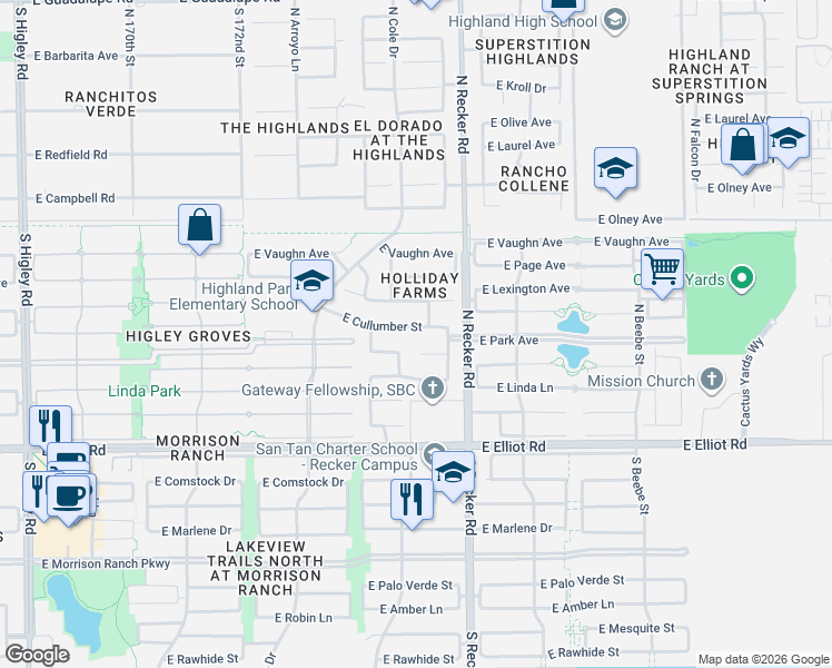 map of restaurants, bars, coffee shops, grocery stores, and more near 3907 East Cullumber Street in Gilbert