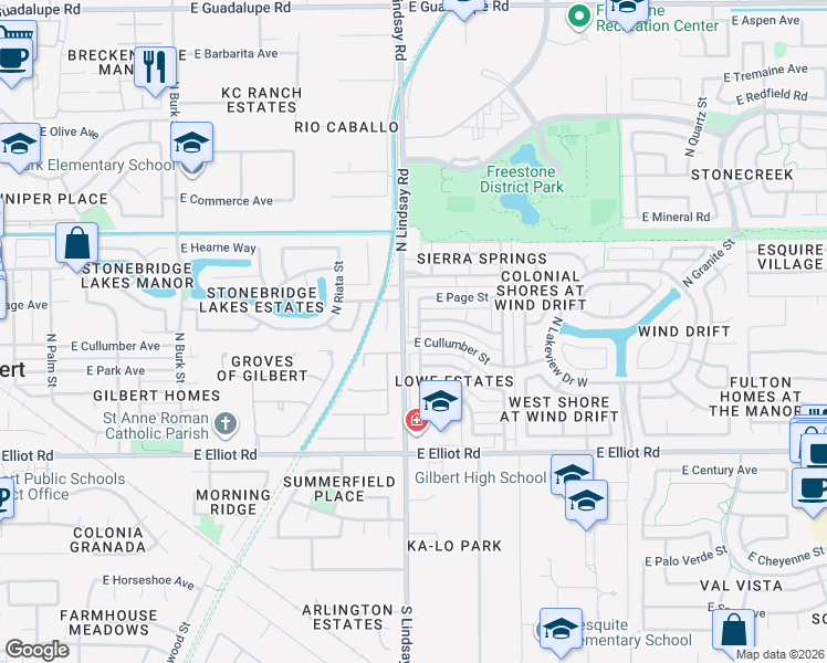 map of restaurants, bars, coffee shops, grocery stores, and more near 210 North Heritage Drive in Gilbert