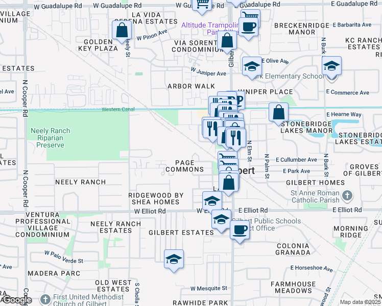 map of restaurants, bars, coffee shops, grocery stores, and more near 170 West Cullumber Avenue in Gilbert